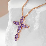 Sparkling Gold Colour Full Geometric Purple AAA Zircon Cross Pendant , Water Wave Chain Luxury Christian Jewellery - The Jewellery Supermarket