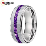 Purple Crystal Stone Inlay Brushed Finish Silver Finish 6/8MM Tungsten Rings