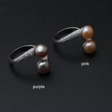 Luxury Real Pink Black White Purple Double Pearl AAA Zircon Diamonds Silver Rings