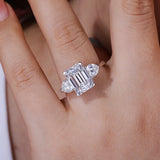 3 Stone 2 - 4CT Emerald Cut VVS1 D Colour Moissanite Diamond Silver Engagement Ring