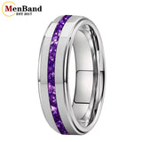 Purple Crystal Stone Inlay Brushed Finish Silver Finish 6/8MM Tungsten Rings