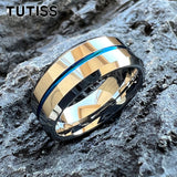 Blue Center Line Beveled Edges 8mm Tungsten Wedding Rings for Men Women