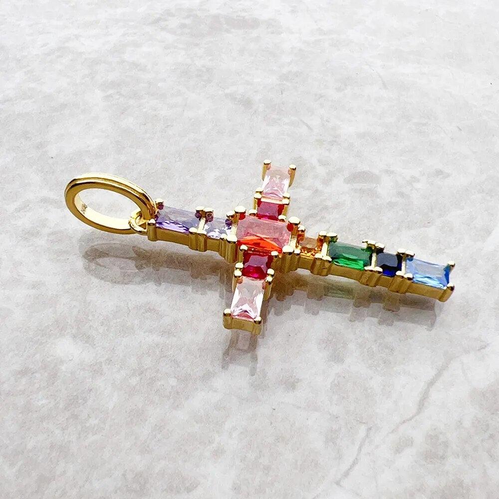 Brand New Fine Cross with Colourful Stones Gold Plated 925 Sterling Silver Pendant Jewellery Chistian Faith Gift - The Jewellery Supermarket