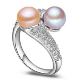 Luxury Real Pink Black White Purple Double Pearl AAA Zircon Diamonds Silver Rings