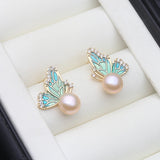 Real Cultured River Freshwater Pearl AAA Zircon Diamonds Stud Silver Earrings