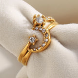 18K Gold Plated Stainless Steel Creative Design Shiny Rhinestone Moon Star Ring