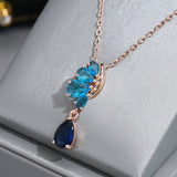 Luxury Vintage Style 14K Rolled Rose Gold Blue AAA Zircon Crystals Flower Necklace - Fine Jewellery