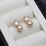 Square Setting AAA Zircon Diamonds Hanging Natural Multicolour Pearls Stud Earrings