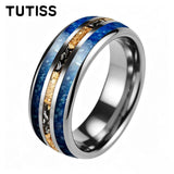 Polishing Dome Blue Glass Stone Meteorite Gold Foil Inlay 6mm 8mm Tungsten Rings
