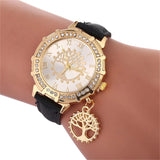 New Roman Numeral Cz Diamonds Women's Watches - Luxury Golden Tree of Life Pattern Pendant Quartz Watches - The Jewellery Supermarket