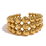 18K Gold Plated Stainless Steel Round Beads Layered Wide Trendy Fashion Ring