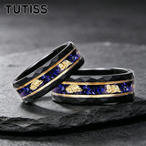 New 8mm Black Hammered Inlay Blue Glass Stone Gold Foil Tungsten Carbide Rings