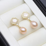 Scalloped Real Multicolour Pearls AAA Zircon Diamonds Cute Silver Dangle Earrings