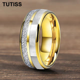 Dome Double Groove Inlaid Meteorite Mother Of Pearl Shell Tungsten Carbide Rings