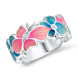 Exquisite Pink Blue Enamel Handmade Butterfly Vintage 925 Silver Ring