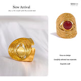 18K Gold Plated Vintage Red Blue Natural Stone Stainless Steel Open Fashion Ring