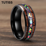 Inlaid Hawaiian Koa Wood Crushed Fire Opal 6/8mm Black Tungsten Carbide Rings
