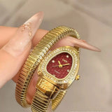 Snake Wrap Oval Rhinestone Bezel Red White Dial Metal Snake Chain Quartz Watch