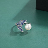 White Pearl Mermaid Tail AAA Blue Cubic Zirconia Crystals Open Silver Ring