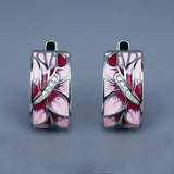 Pink Peach Elegant Flower Handmade Enamel AAA Zircon Diamonds Earrings