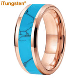 Blocky Turquoise Inlay Polished Bevel Edges Tungsten Carbide Rings for Men Women