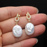 Moon Shape Baroque White Pink Pearls AAA Zircon Diamonds Silver Earrings