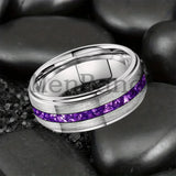 Purple Crystal Stone Inlay Brushed Finish Silver Finish 6/8MM Tungsten Rings