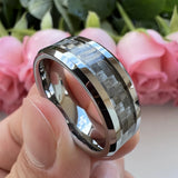 New Black Carbon Fiber 8mm Tungsten Steel Carbide Ring Mens Wedding Band