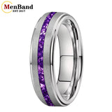 Purple Crystal Stone Inlay Brushed Finish Silver Finish 6/8MM Tungsten Rings