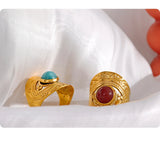18K Gold Plated Vintage Red Blue Natural Stone Stainless Steel Open Fashion Ring