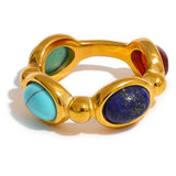 18K Gold Plated Stainless Steel Colorful Natural Stone Agate Vintage Charm Ring