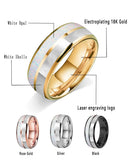 Dome Double Groove Inlaid With White Opal Stone Mother Of Pearl Shell Tungsten Rings