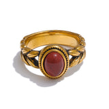 18K Gold Plated Retro Stainless Steel Red Gold Color Smearing Natural Stone Vintage Ring
