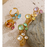 18K Gold Plated New Multi-Color Crystal Square Round Adjustable Ring Popular Jewellery