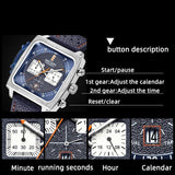 New Top Brand Luxury Blue Leather Military Chronograph Square Watches for Men - Ideal Gifts - The Jewellery Supermarket