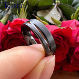Offset Groove With Real Wood Inlay 6MM 8MM Black Tungsten Wedding Men Women Rings