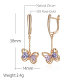 14 Karat Gold Filled Pink Purple AAA Zircon Diamonds Butterfly Shape Long Drop Earrings