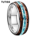 Inlaid Hawaiian Koa Wood Sky Blue Crystal Stone 6/8mm Tungsten Carbide Rings