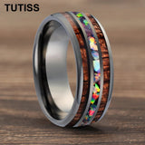 Inlaid Hawaiian Koa Wood Crushed Fire Opal 6/8mm Black Tungsten Carbide Rings