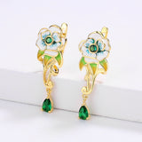 Fashion Handmade Enamel Green Pendant Flower Shape AAA Zircon Crystal Earrings