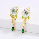 Fashion Handmade Enamel Green Pendant Flower Shape AAA Zircon Crystal Earrings