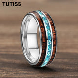Inlaid Hawaiian Koa Wood Sky Blue Crystal Stone 6/8mm Tungsten Carbide Rings