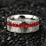 Hammered Faceted Brushed Finish Red Crystal Stone Inlay Gold Color Tungsten Rings