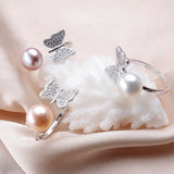 Butterfly Shape Natural Freshwater Pearl Shiny AAA Zircon Diamonds Silver Ring