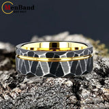 Black Geometric Hammered Offset Groove 8mm Tungsten Rings for Men Comfort Fit