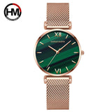 New Elegant Ladies Watch with Quartz Movement Green Peacock Stone Dial  Casual Leather Rose Plated Gold Watches