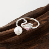 Superb Swan Design Natural Pearl AAA Zircon Diamonds Silver Ring