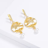 Fashion Handmade Enamel Round White Pendant Inlaid Pearl Gold Colour Earrings