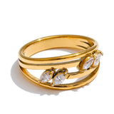 18K Gold Plated Delicate Stainless Steel AAA Zirconia Diamonds Layered Hollow Geometric Ring
