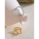 18k Gold Plated Stylish Unique Stainless Steel Pearls Geometric Open Chic Ring